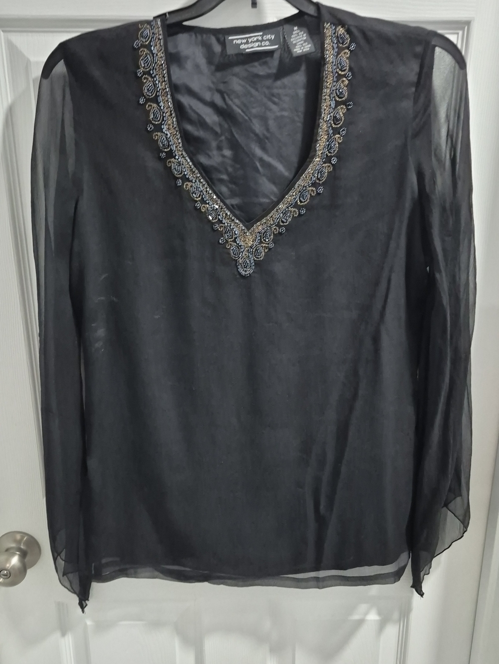 New York City Design Co. Black V-Neck Beaded Women's Blouse